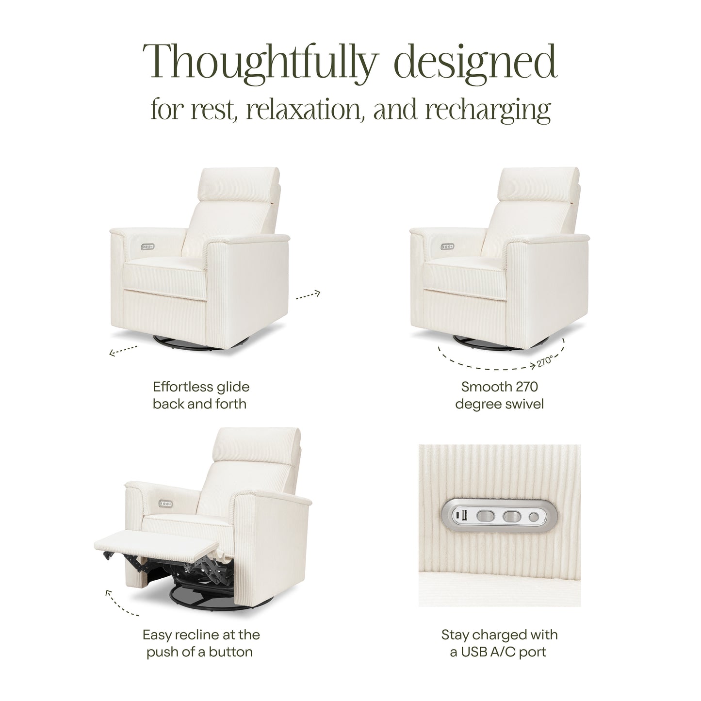 B17186YC,Monogram by Namesake,Willa Plus Power Glider Recliner w/ Power Headrest in Ivory Corduroy