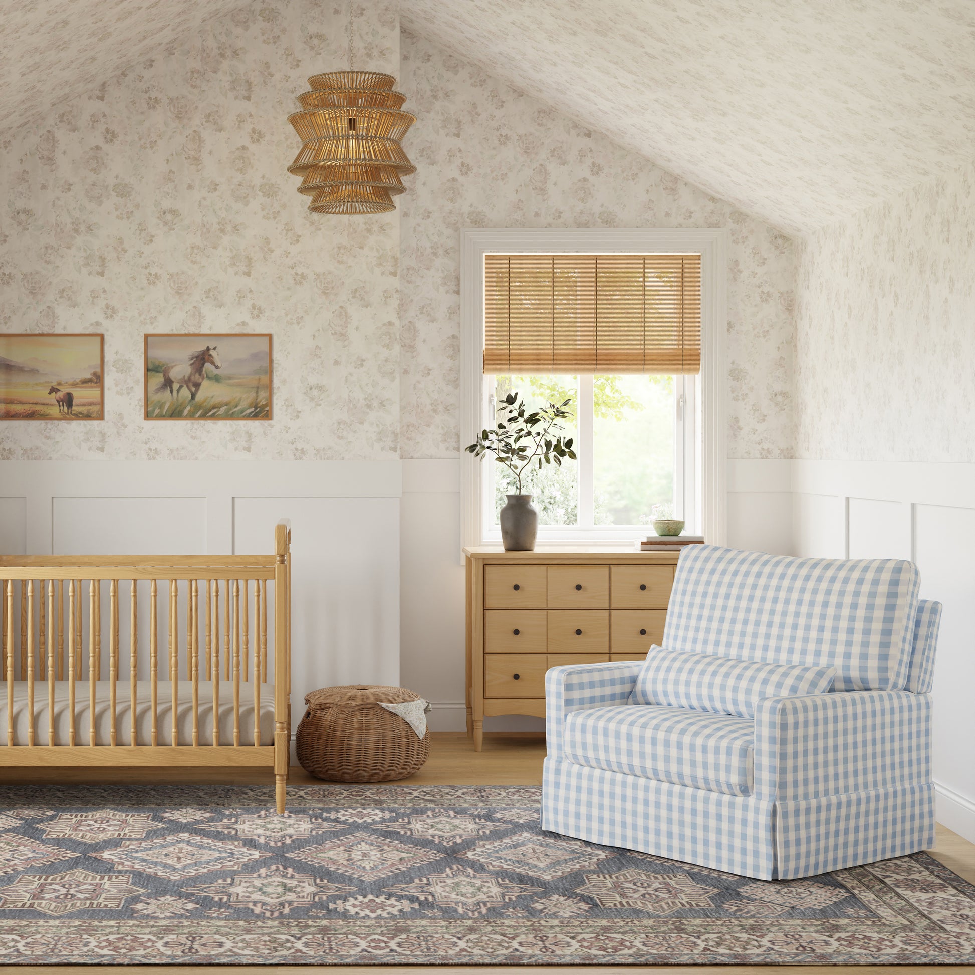 M21797BGH,Namesake,Crawford Chair and a Half Pillowback Swivel Glider in Blue Gingham