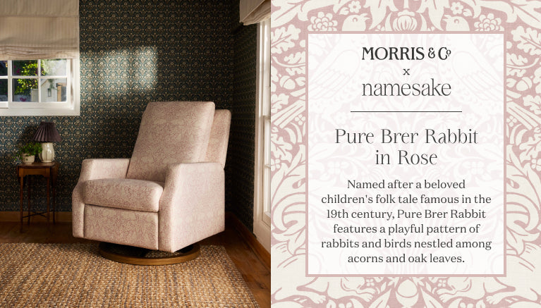 Morris & Co  x Namesake
Pure Brer Rabit in Rose print
Named after a beloved children's folk tale famous in the 19th century, Pure Brer Rabbit features a playful pattern of rabbits and birds nestled among acorns and oak leaves.