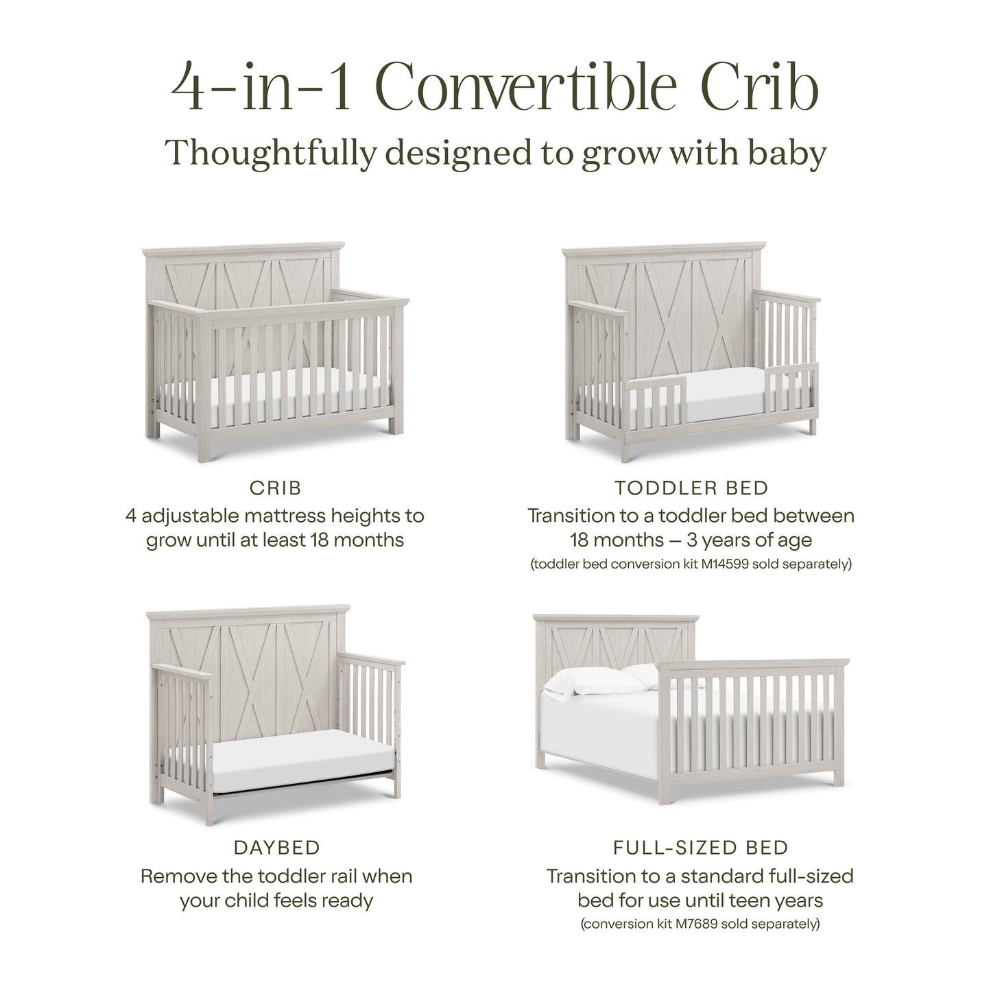 B14501WDF,Monogram by Namesake,Emory Farmhouse 4-in-1 Convertible Crib in White Driftwood
