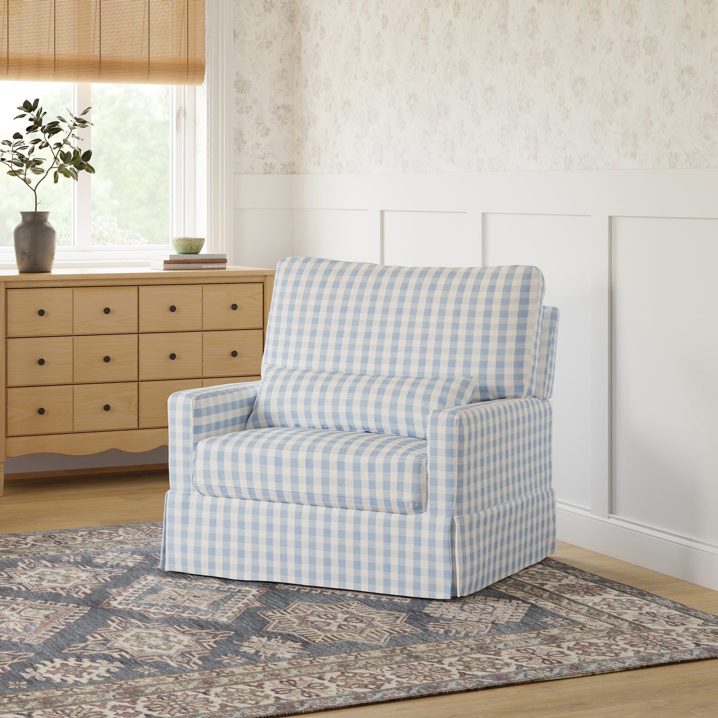 M21797BGH,Namesake,Crawford Chair and a Half Pillowback Swivel Glider in Blue Gingham