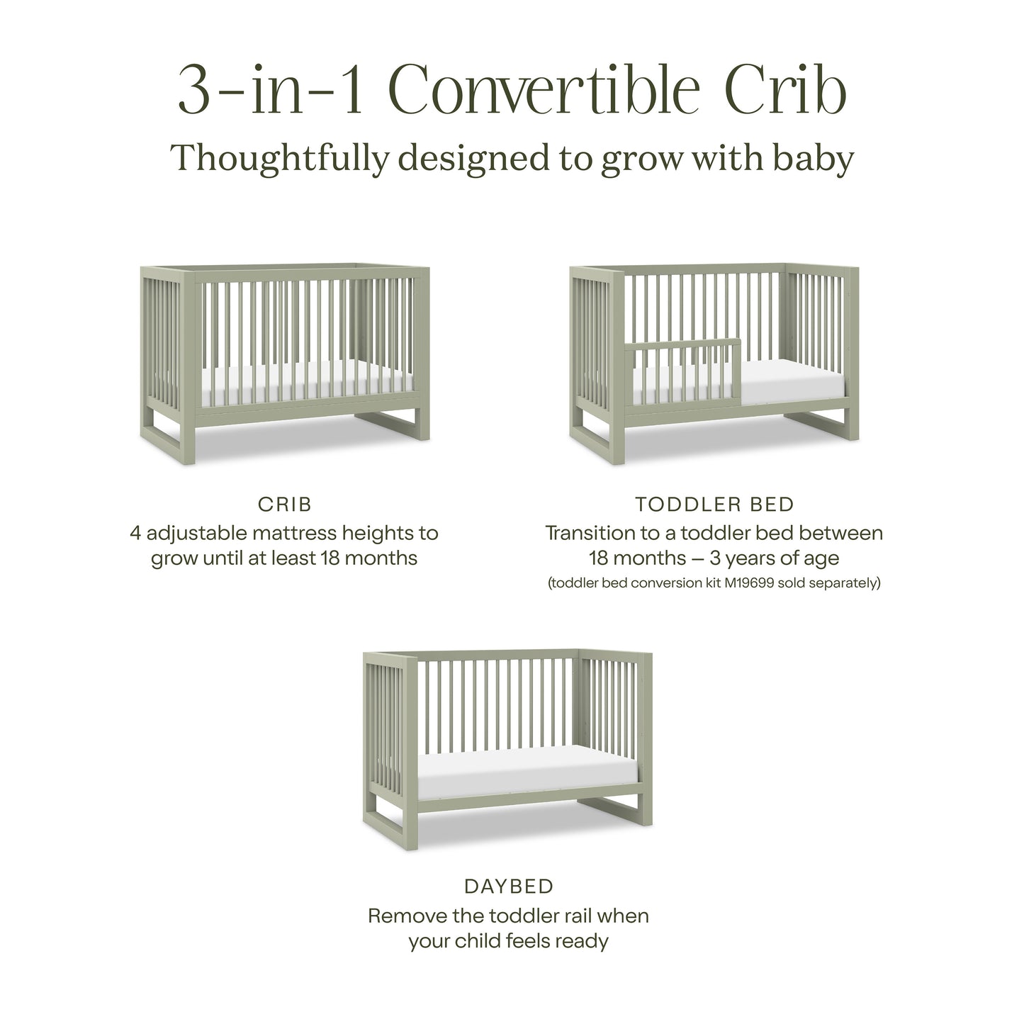 M23301FS,Namesake,Nantucket 3-in-1 Convertible Crib w/Toddler Bed Conversion Kit in French Sage