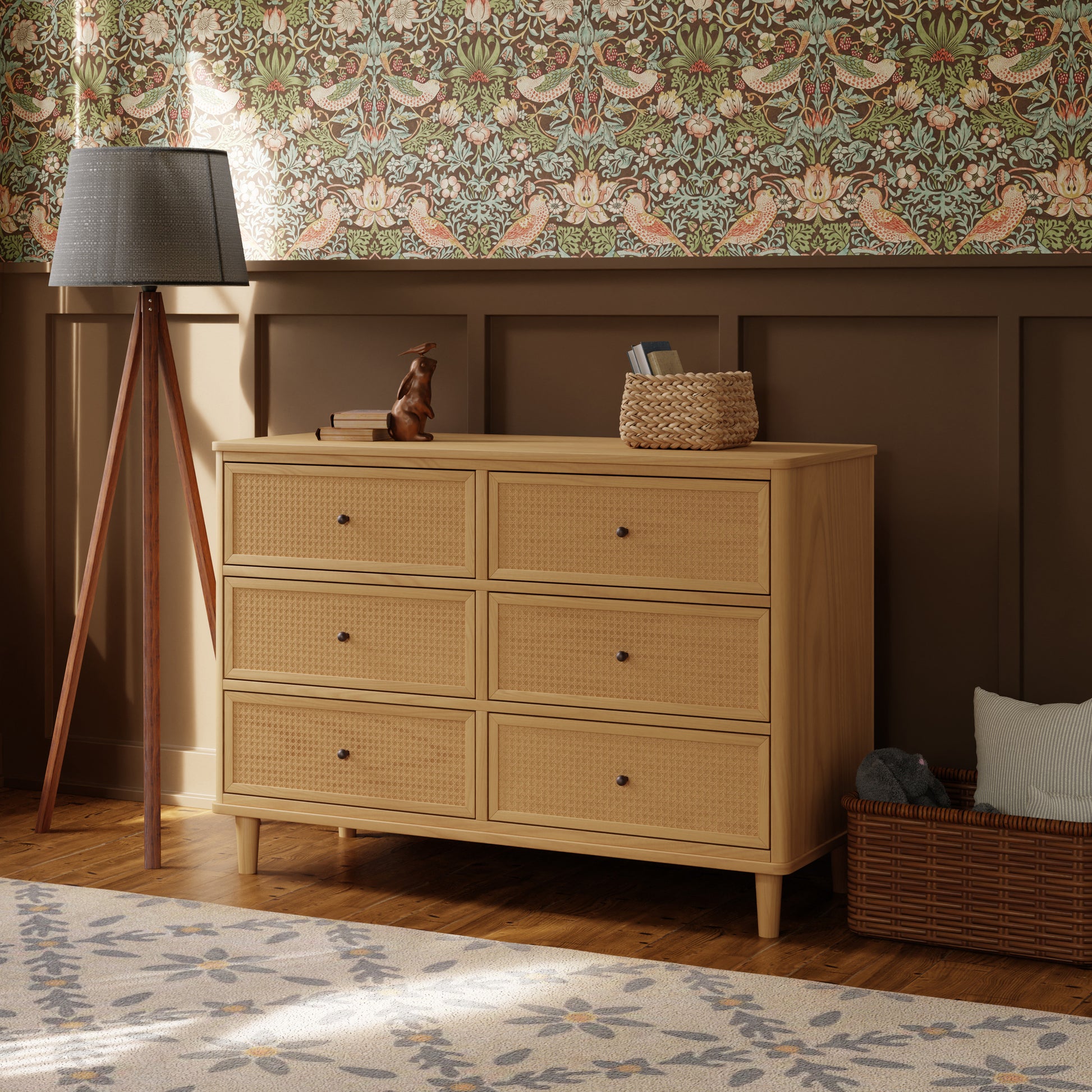 M23716HYHC,Namesake,Marin with Cane 6 Drawer Assembled Dresser in Honey and Honey Cane
