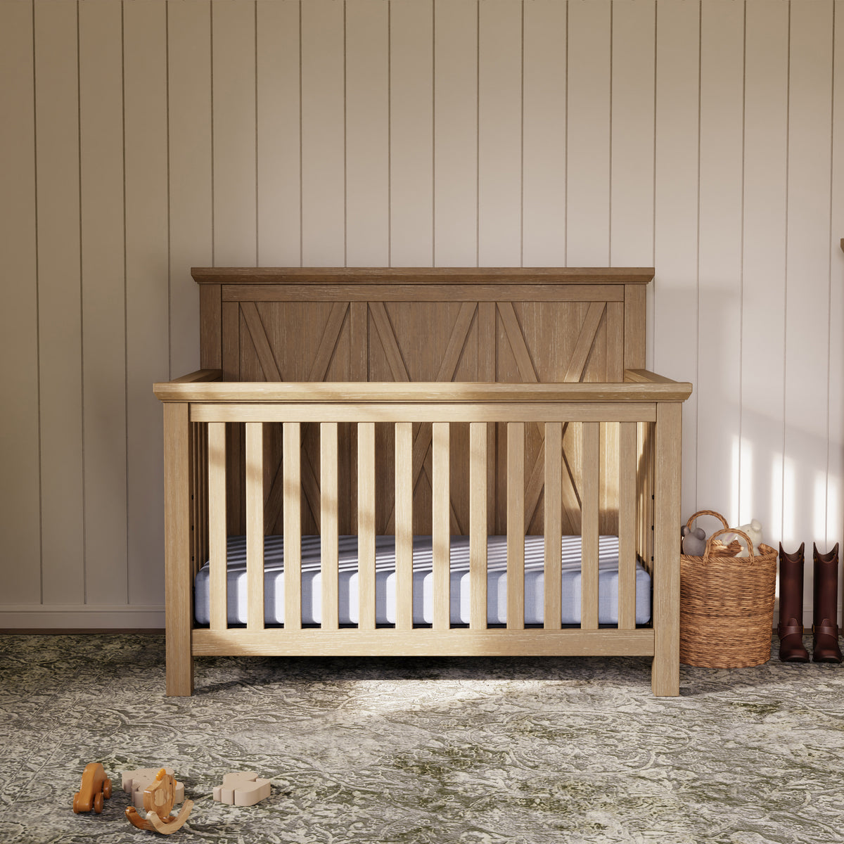B14501DF,Monogram by Namesake,Emory Farmhouse 4-in-1 Convertible Crib in Driftwood