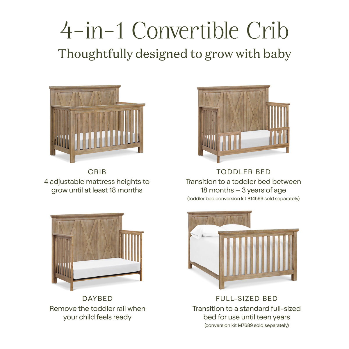 B14501DF,Monogram by Namesake,Emory Farmhouse 4-in-1 Convertible Crib in Driftwood