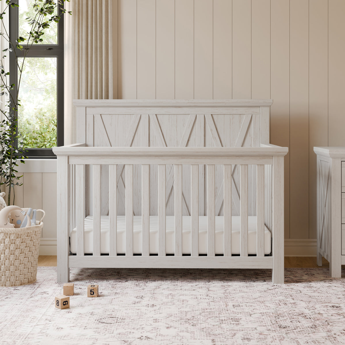 B14501WDF,Monogram by Namesake,Emory Farmhouse 4-in-1 Convertible Crib in White Driftwood