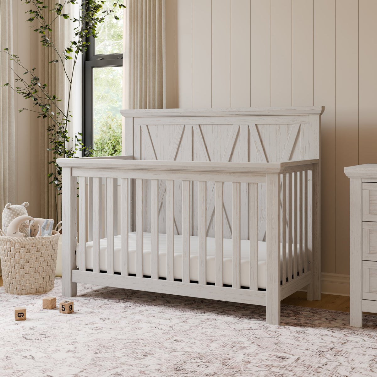 B14501WDF,Monogram by Namesake,Emory Farmhouse 4-in-1 Convertible Crib in White Driftwood