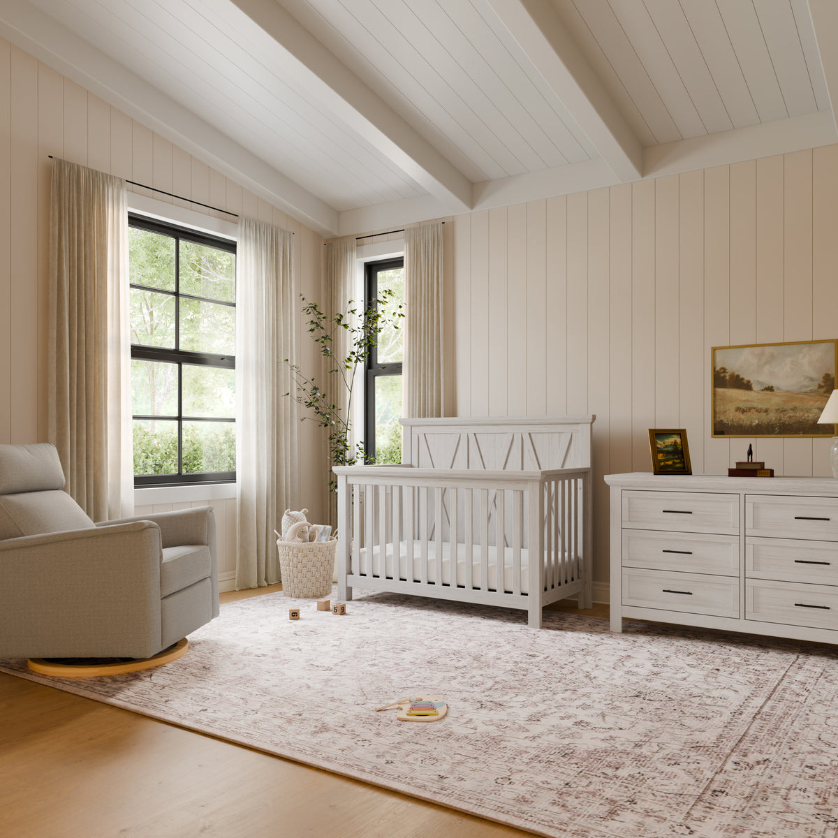 B14501WDF,Monogram by Namesake,Emory Farmhouse 4-in-1 Convertible Crib in White Driftwood