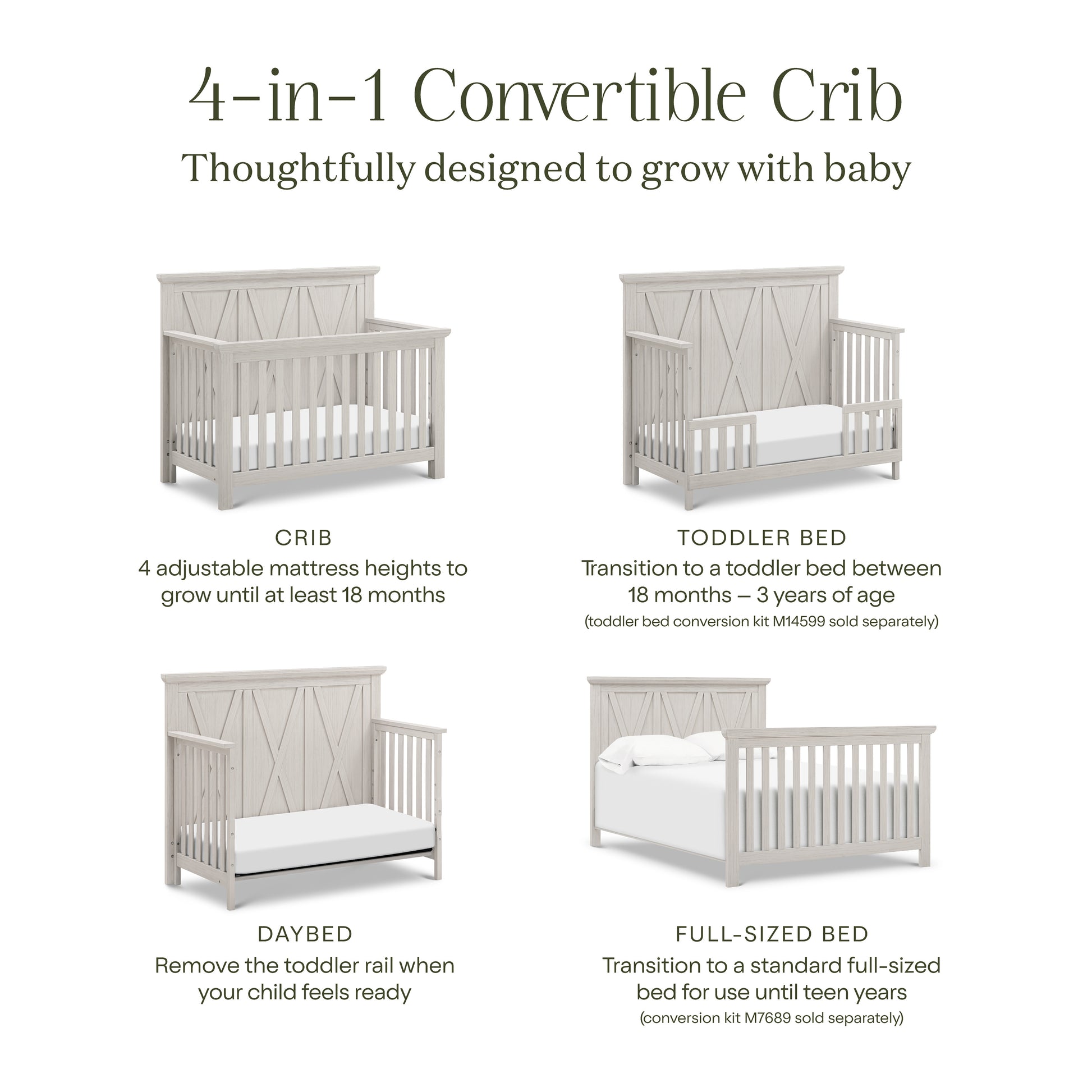 B14501WDF,Monogram by Namesake,Emory Farmhouse 4-in-1 Convertible Crib in White Driftwood