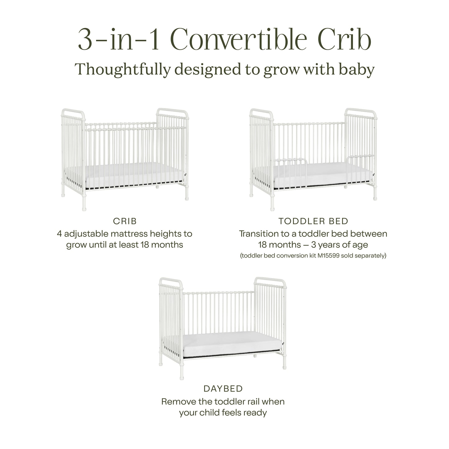 B15501WX,Namesake,Abigail 3-in-1 Convertible Crib in Washed White