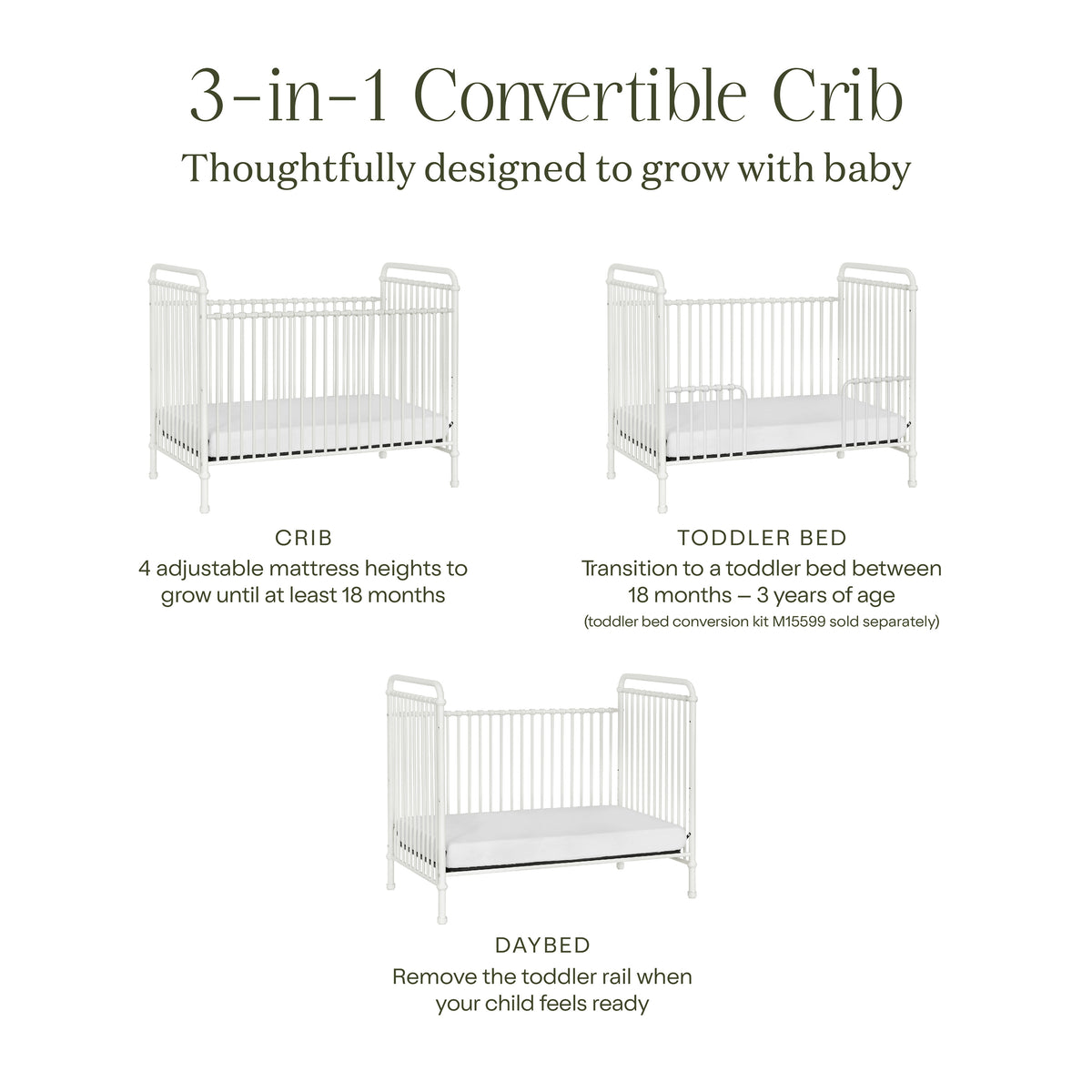 B15501WX,Namesake,Abigail 3-in-1 Convertible Crib in Washed White