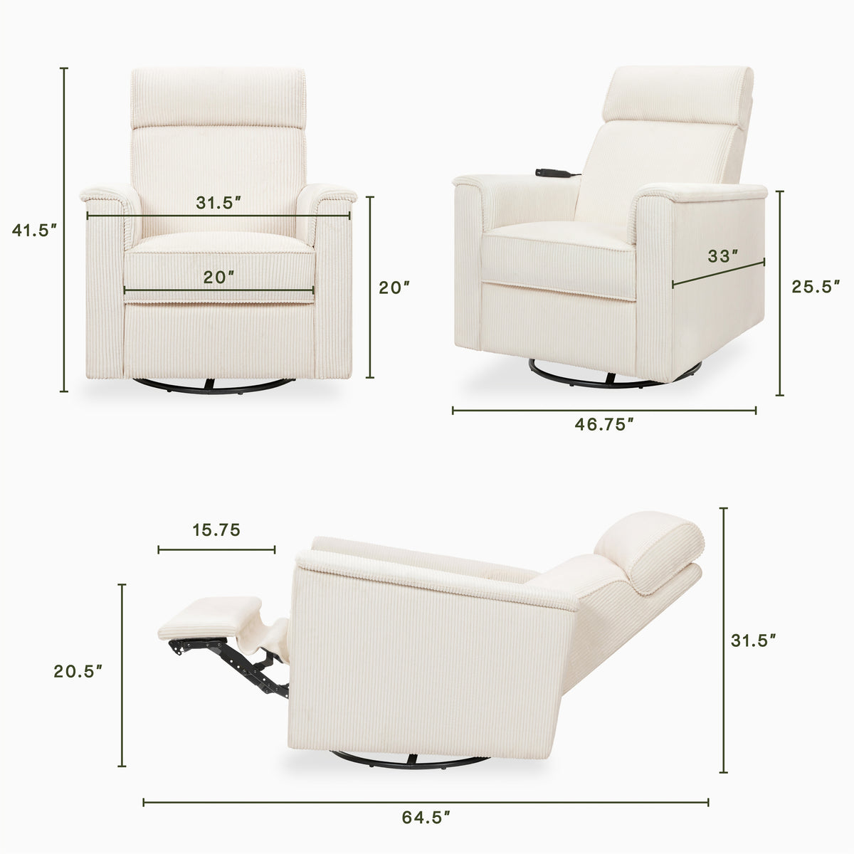 B17183YC,Monogram by Namesake,Willa Deluxe Power Glider Recliner w/Heat&Massage in Ivory Corduroy