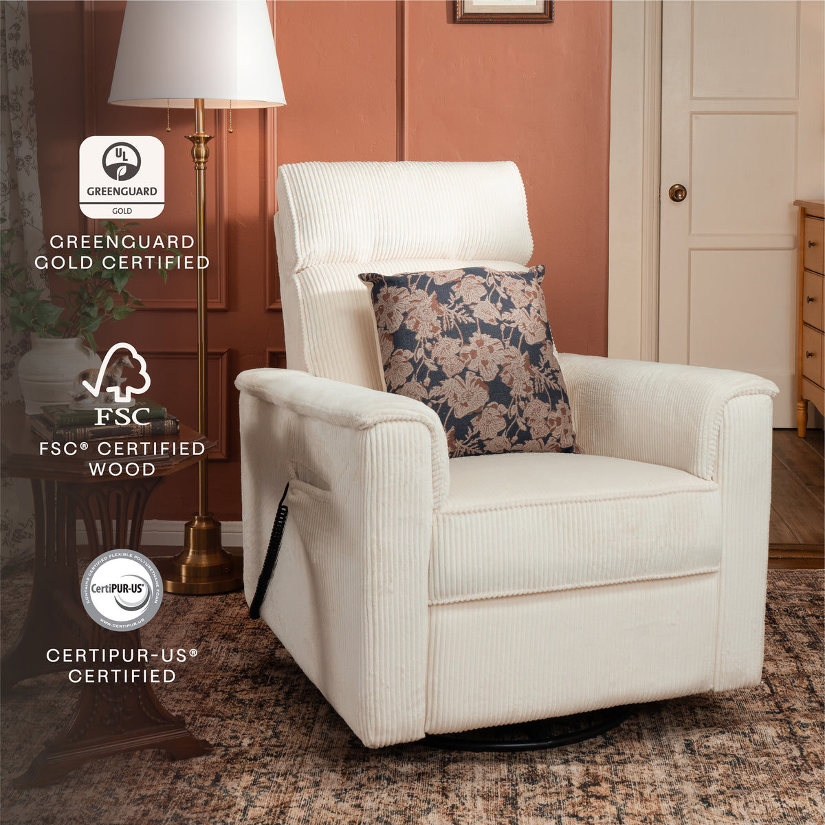 B17183YC,Monogram by Namesake,Willa Deluxe Power Glider Recliner w/Heat&Massage in Ivory Corduroy