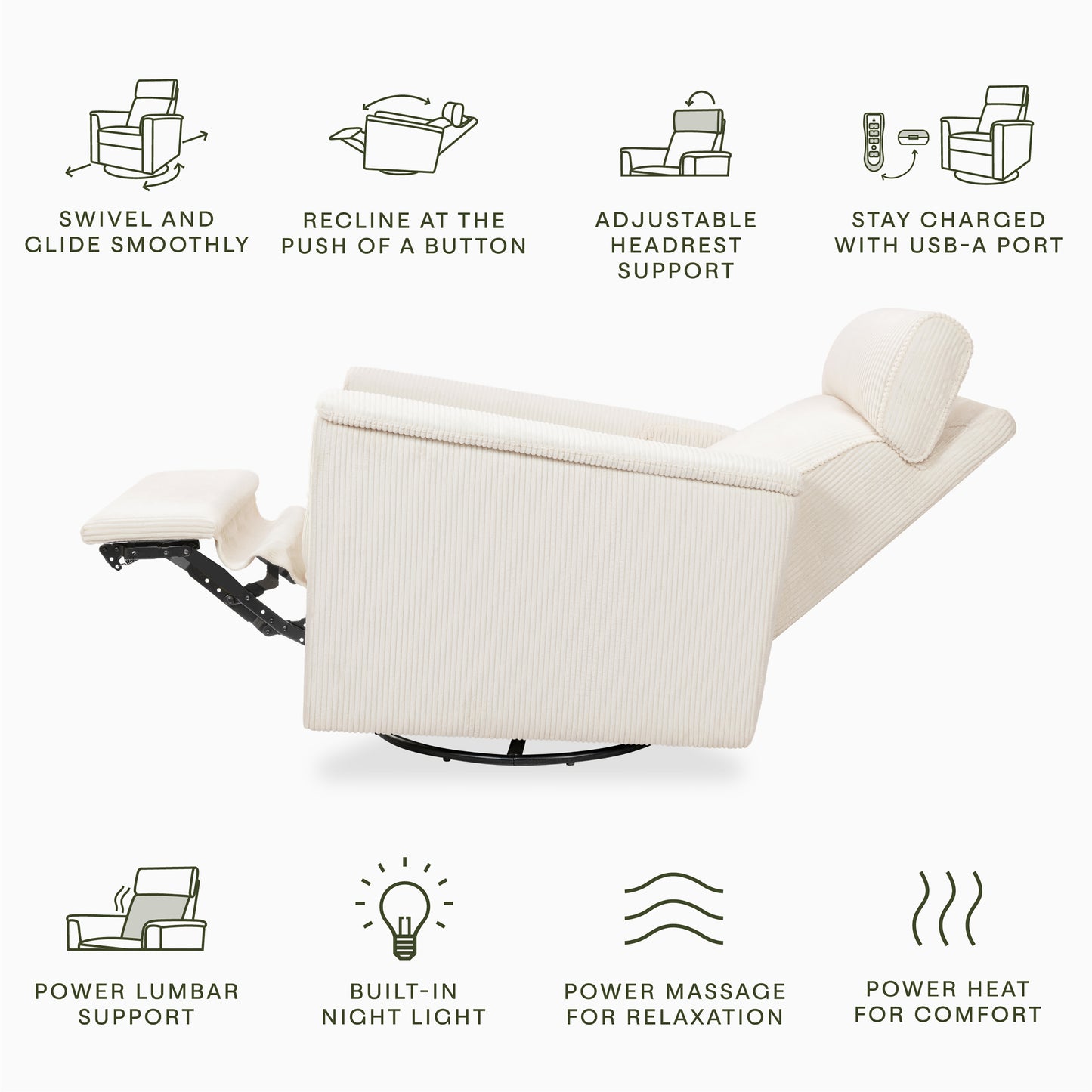 B17183YC,Monogram by Namesake,Willa Deluxe Power Glider Recliner w/Heat&Massage in Ivory Corduroy