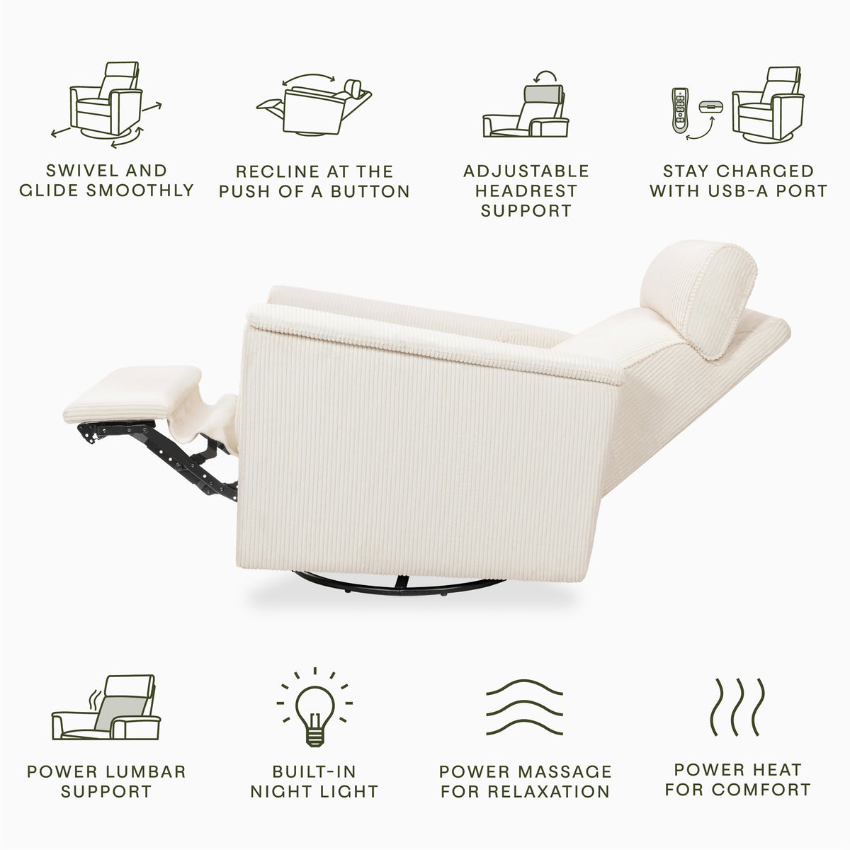 B17183YC,Monogram by Namesake,Willa Deluxe Power Glider Recliner w/Heat&Massage in Ivory Corduroy