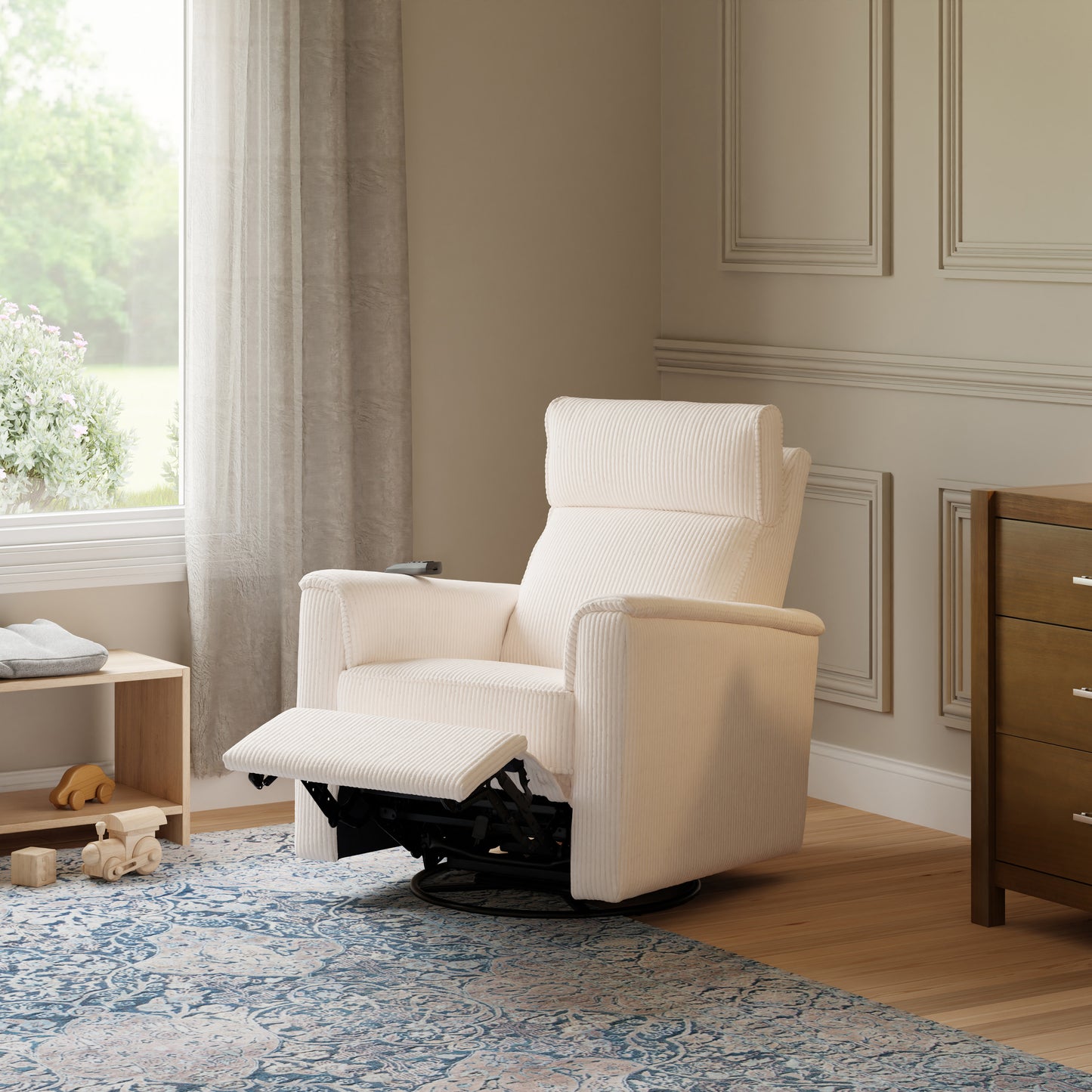 B17183YC,Monogram by Namesake,Willa Deluxe Power Glider Recliner w/Heat&Massage in Ivory Corduroy
