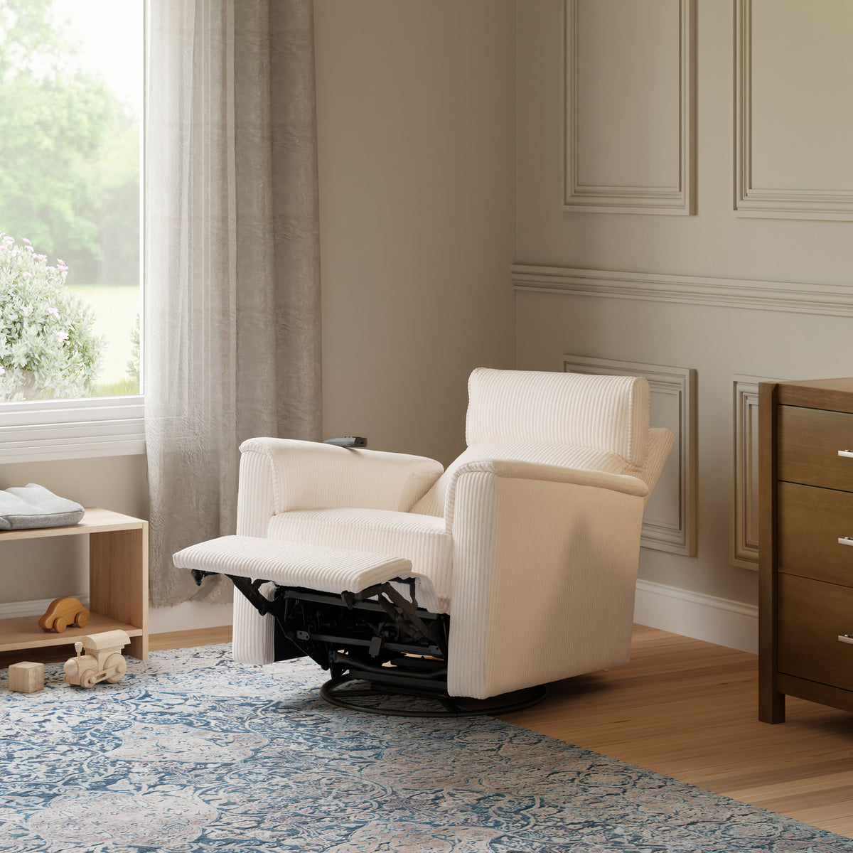 B17183YC,Monogram by Namesake,Willa Deluxe Power Glider Recliner w/Heat&Massage in Ivory Corduroy