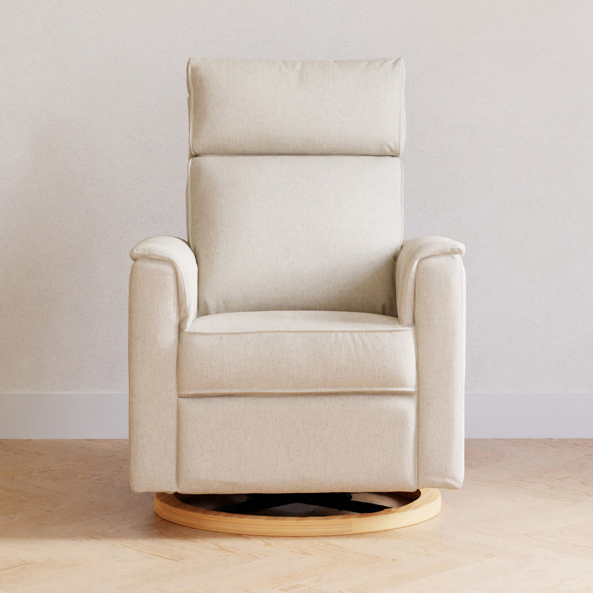 B17186PCMEWLB,Monogram by Namesake,Willa Plus Power Glider Recliner w/ Power Headrest in Performance Cream Eco-Weave w/Light Wood base