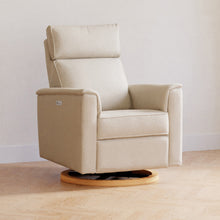 B17186PCMEWLB,Monogram by Namesake,Willa Plus Power Glider Recliner w/ Power Headrest in Performance Cream Eco-Weave w/Light Wood base