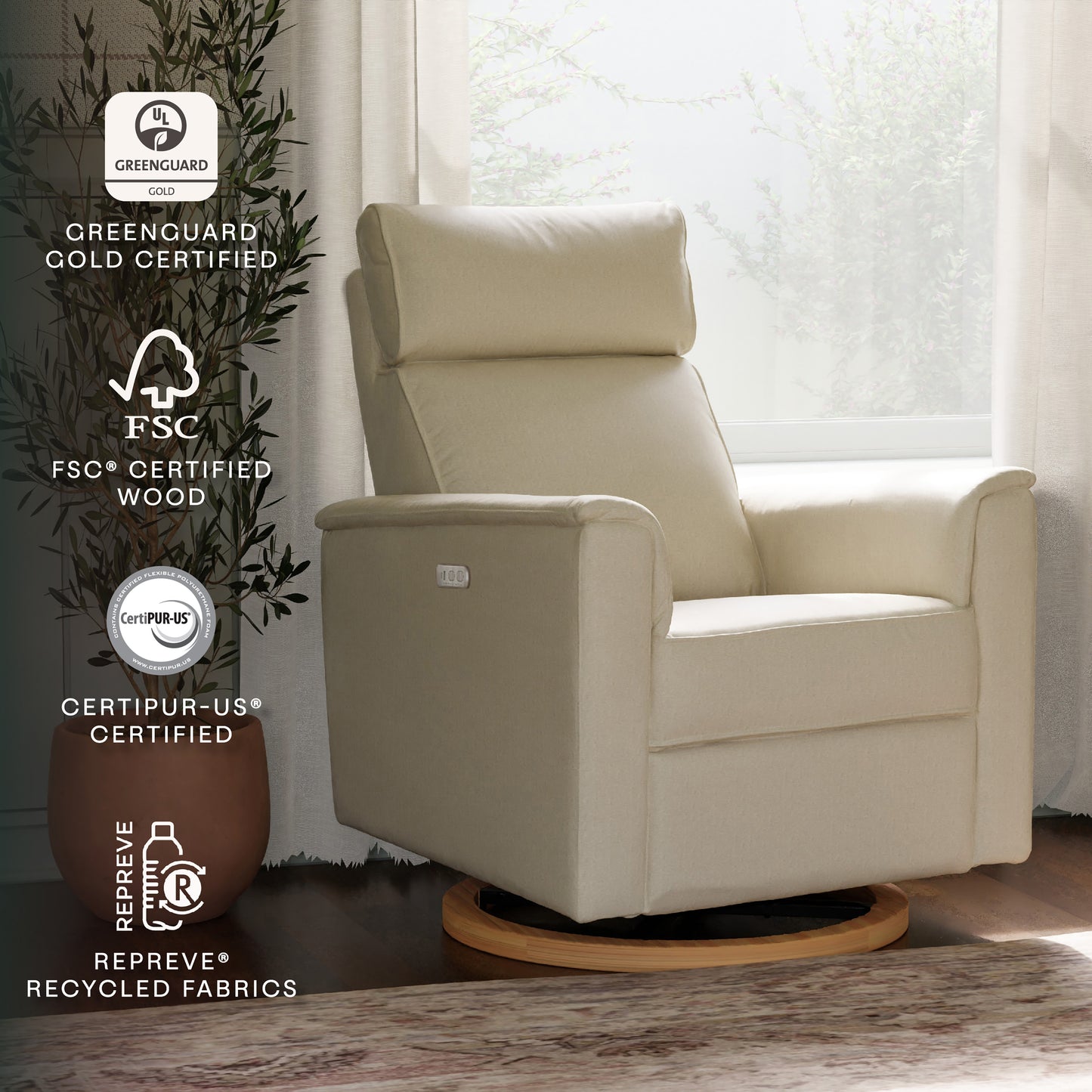 B17186PCMEWLB,Monogram by Namesake,Willa Plus Power Glider Recliner w/ Power Headrest in Performance Cream Eco-Weave w/Light Wood base