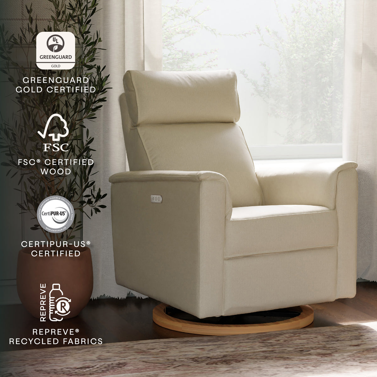 B17186PCMEWLB,Monogram by Namesake,Willa Plus Power Glider Recliner w/ Power Headrest in Performance Cream Eco-Weave w/Light Wood base