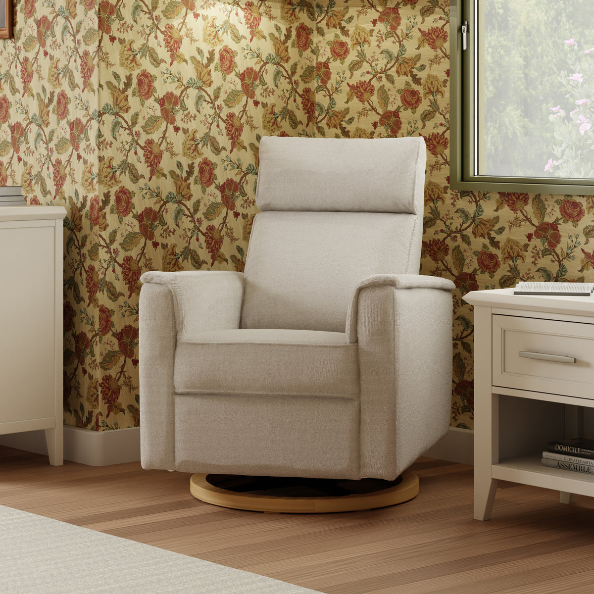 B17186PCMEWLB,Monogram by Namesake,Willa Plus Power Glider Recliner w/ Power Headrest in Performance Cream Eco-Weave w/Light Wood base