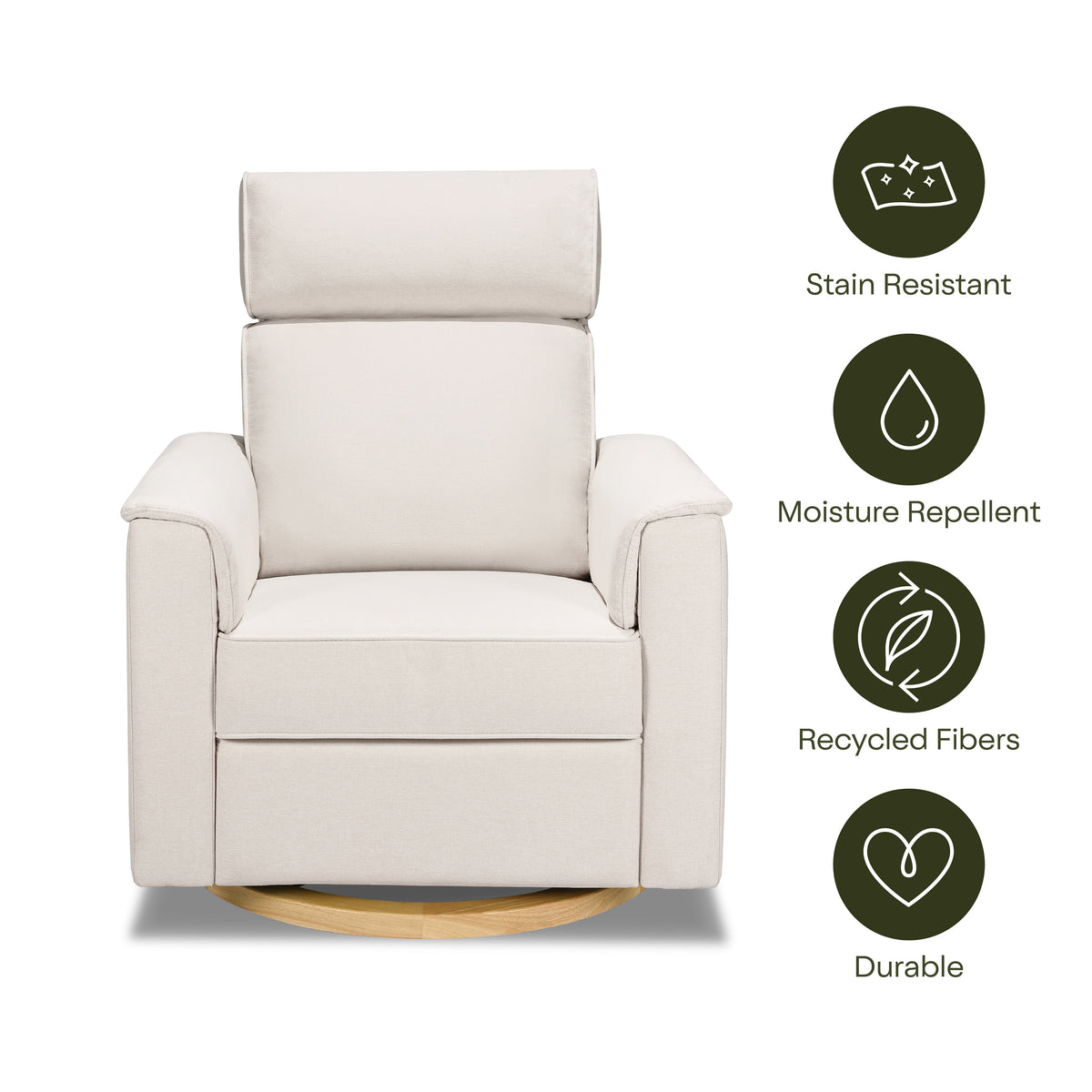 B17186PCMEWLB,Monogram by Namesake,Willa Plus Power Glider Recliner w/ Power Headrest in Performance Cream Eco-Weave w/Light Wood base