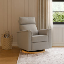 B17186PGEWLB,Monogram by Namesake,Willa Plus Power Glider Recliner w/ Power Headrest in Performance Grey Eco-Weave w/Light Wood Base