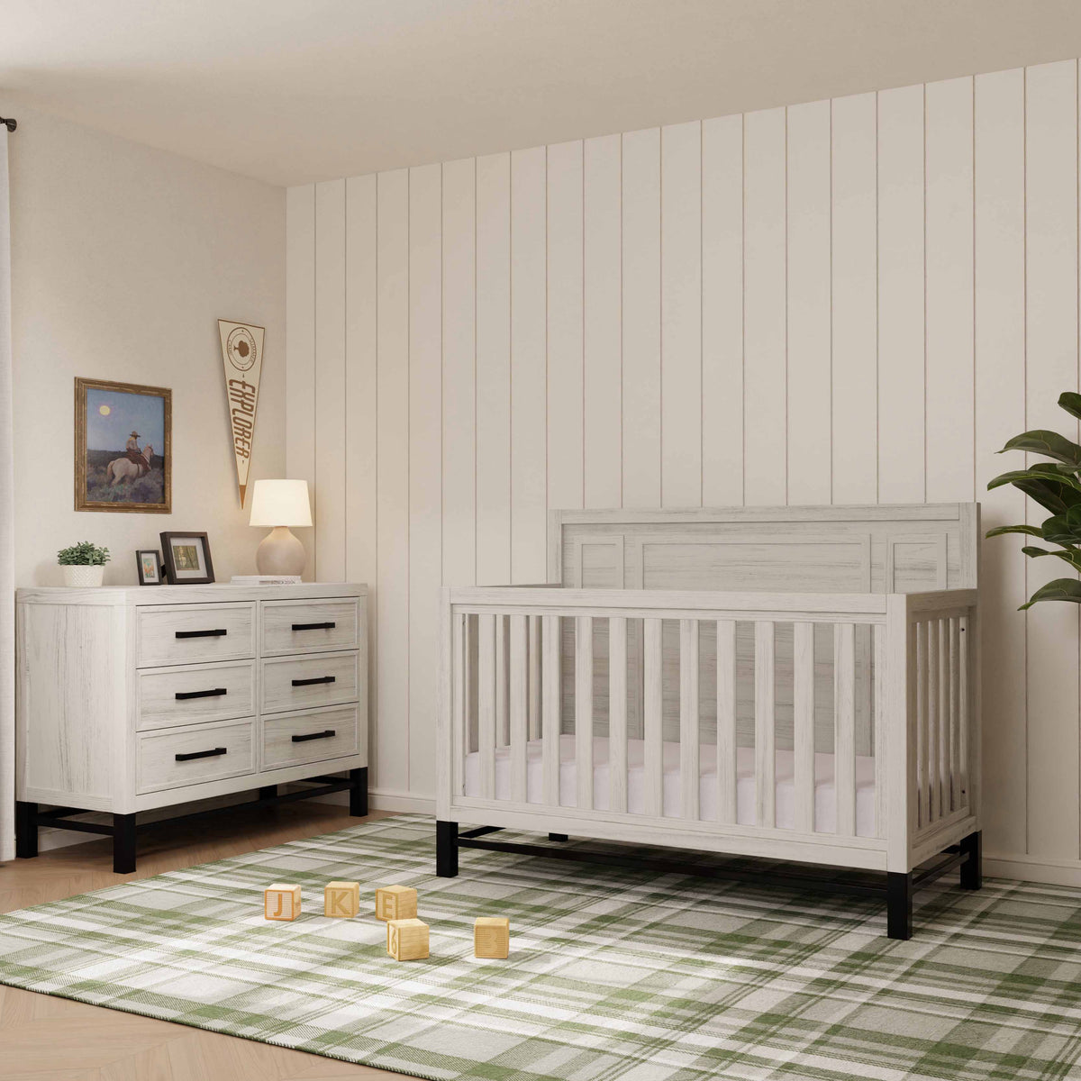B25801WDF,Monogram by Namesake,Newbern 4-in-1 Convertible Crib in White Driftwood