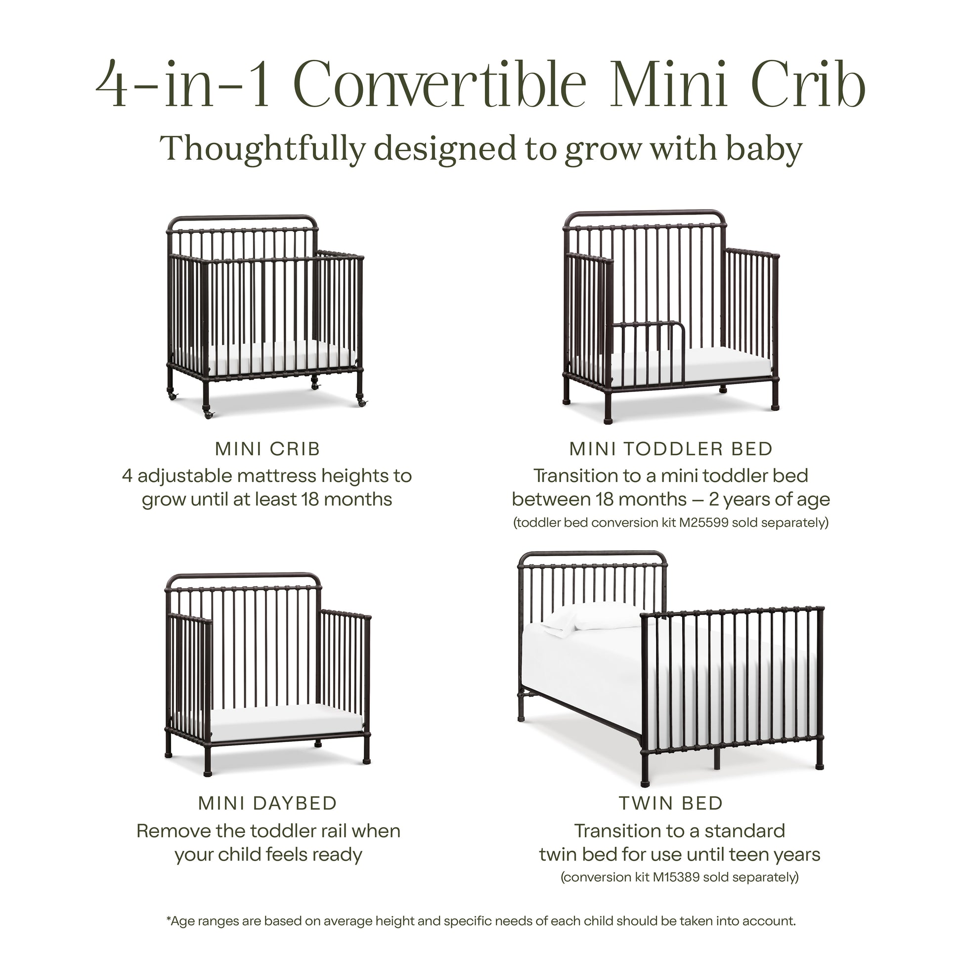 M15398UR,Namesake,Winston 4-in-1 Convertible Mini Crib in Vintage Iron