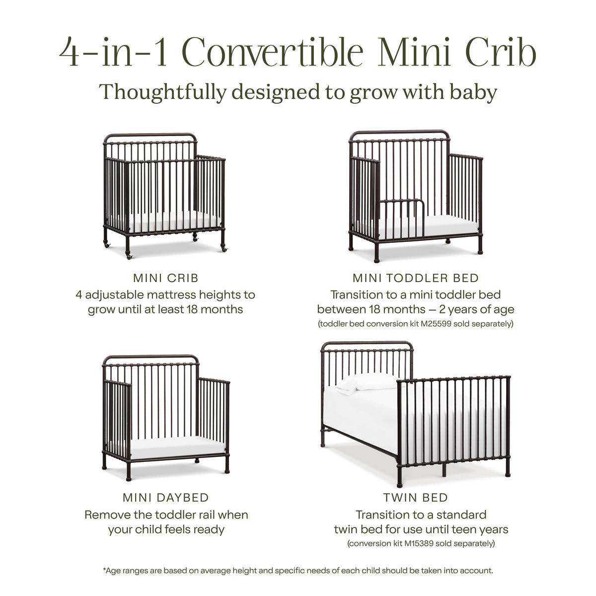 M15398UR,Namesake,Winston 4-in-1 Convertible Mini Crib in Vintage Iron