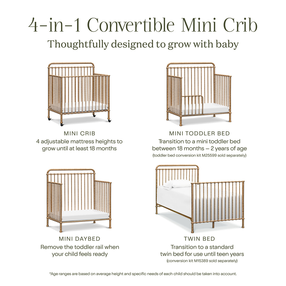 M15398VG,Namesake,Winston 4-in-1 Convertible Mini Crib in Vintage Gold