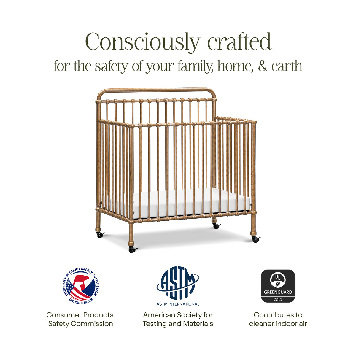 M15398VG,Namesake,Winston 4-in-1 Convertible Mini Crib in Vintage Gold