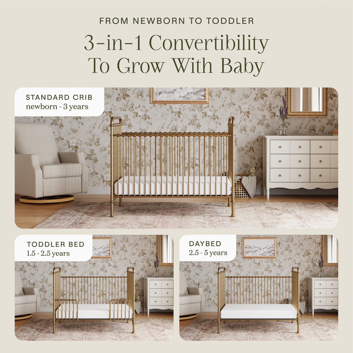 M15501VG,Namesake,Abigail 3-in-1 Convertible Crib in Vintage Gold