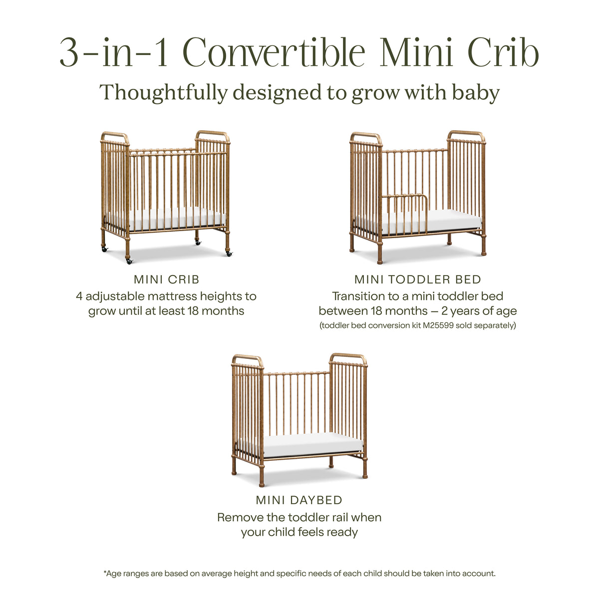 M15598VG,Namesake,Abigail 3-in-1 Convertible Mini Crib in Vintage Gold