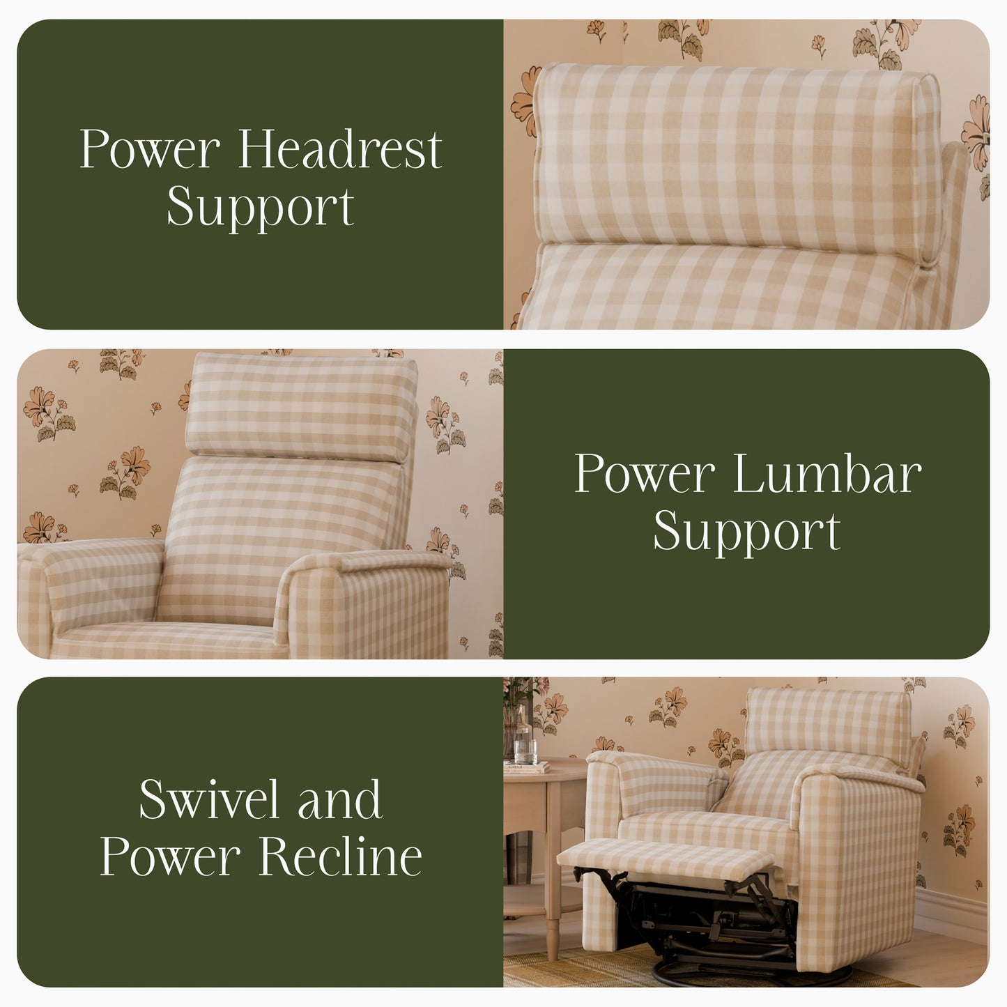 M17182TGH,Namesake,Willa Pro Power Glider Recliner w/ Power Lumbar in Tan Gingham