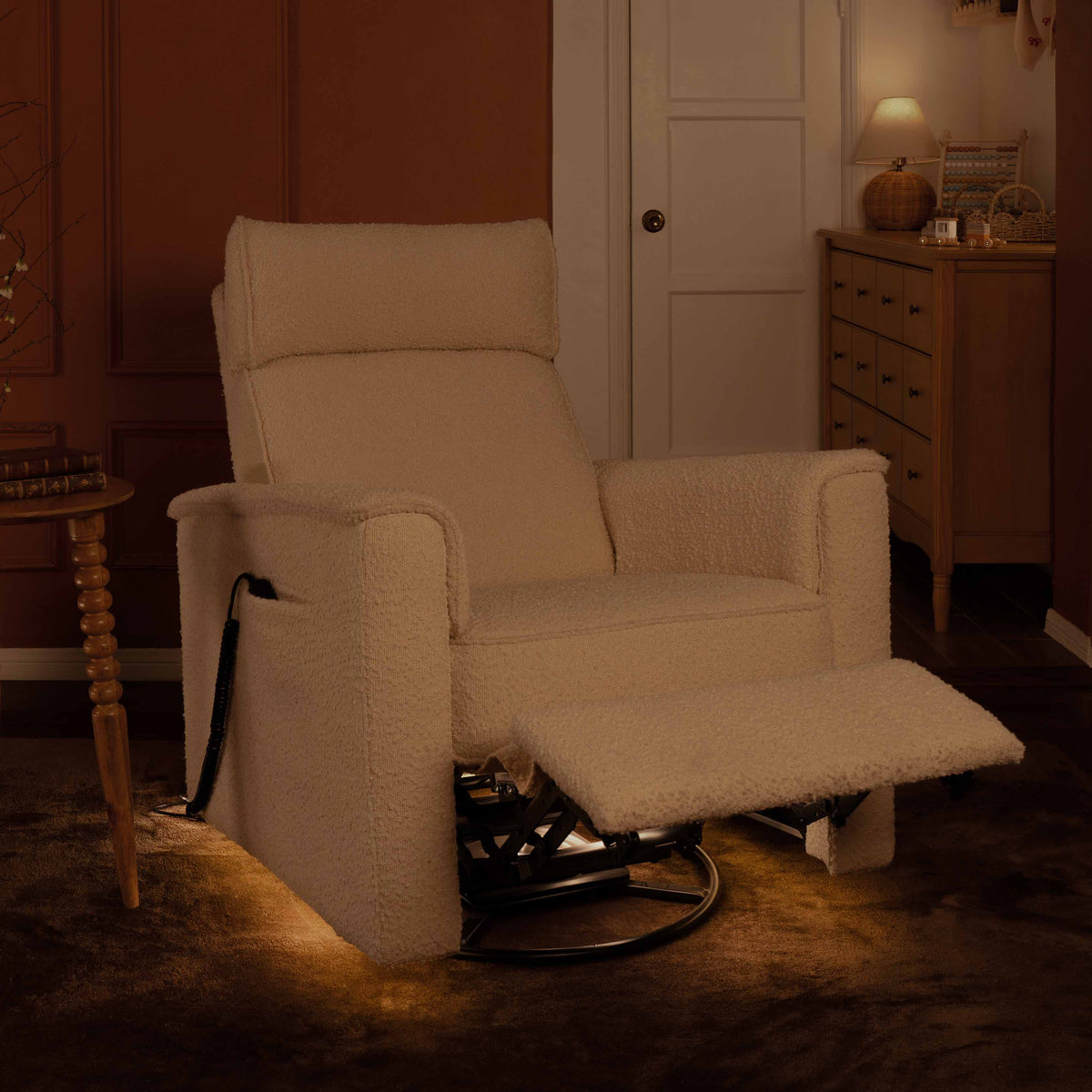M17183PWB,Namesake,Willa Deluxe Power Glider Recliner w/Heat&Massage in Performance Ivory Boucle