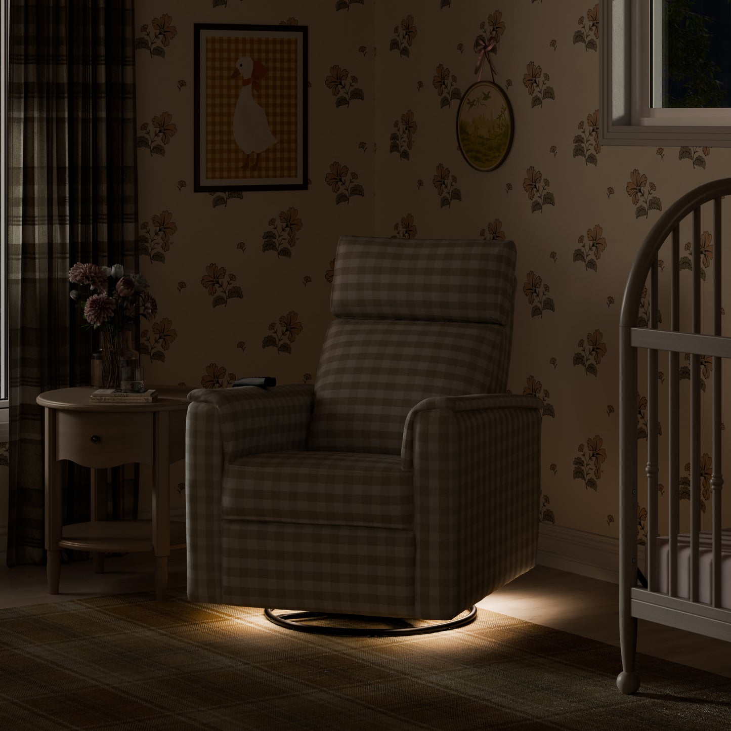 M17183TGH,Namesake,Willa Deluxe Power Glider Recliner w/Heat&Massage in Tan Gingham