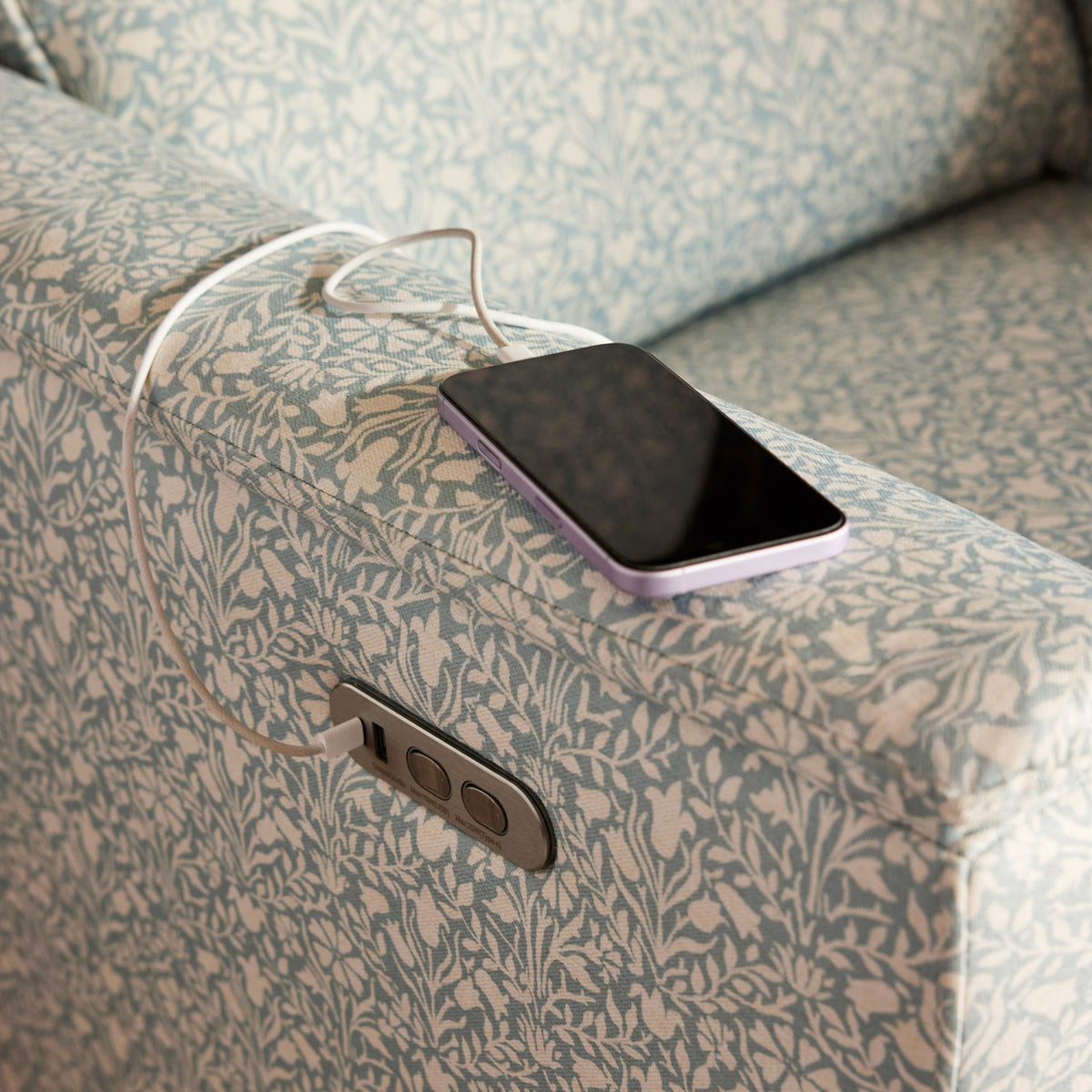 M17186BPBDB,Namesake,Morris & Co. x Namesake Willa Plus Power Recliner in Bellflowers in Powdered Blue w/ Dark Wood Base