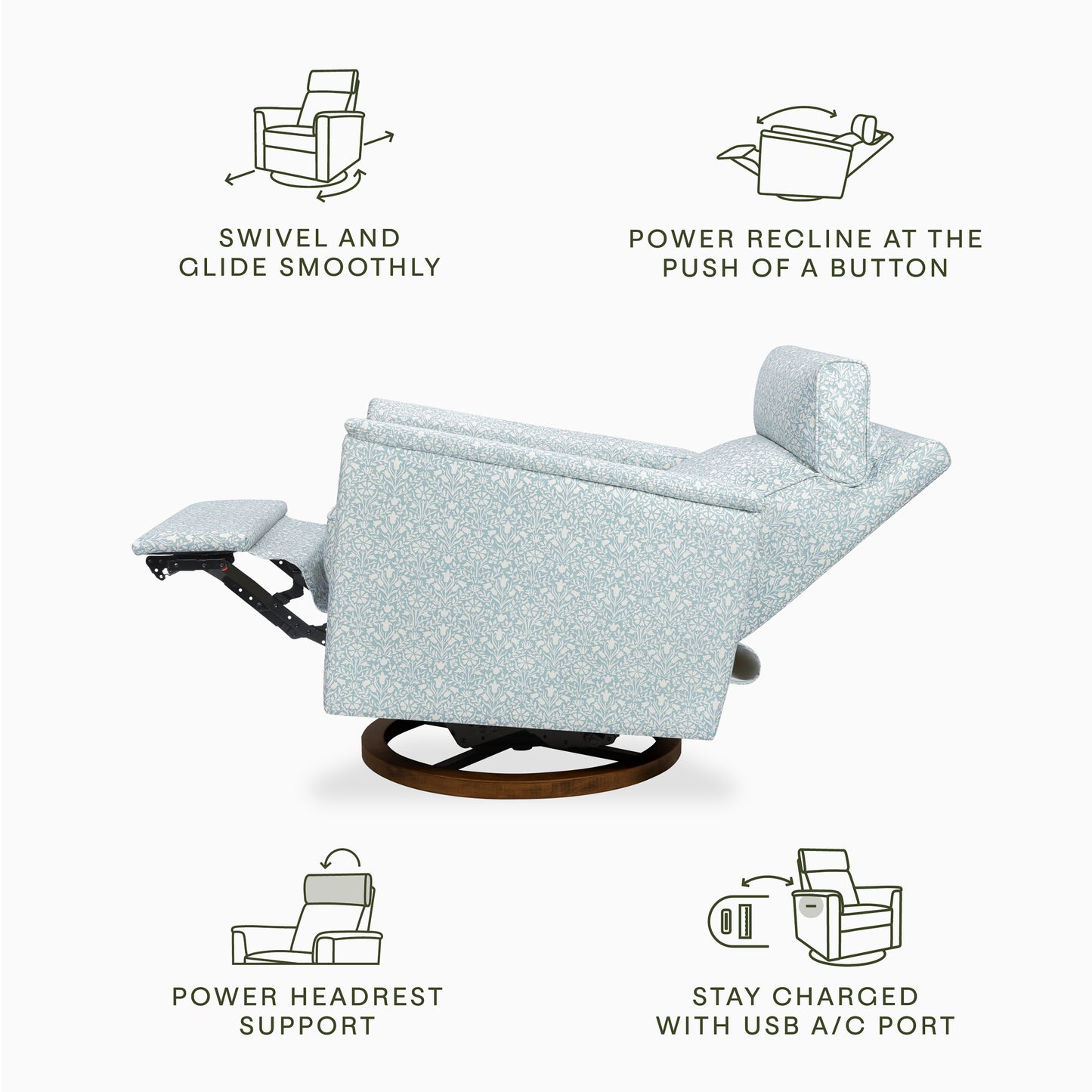 M17186BPBDB,Namesake,Morris & Co. x Namesake Willa Plus Power Recliner in Bellflowers in Powdered Blue w/ Dark Wood Base
