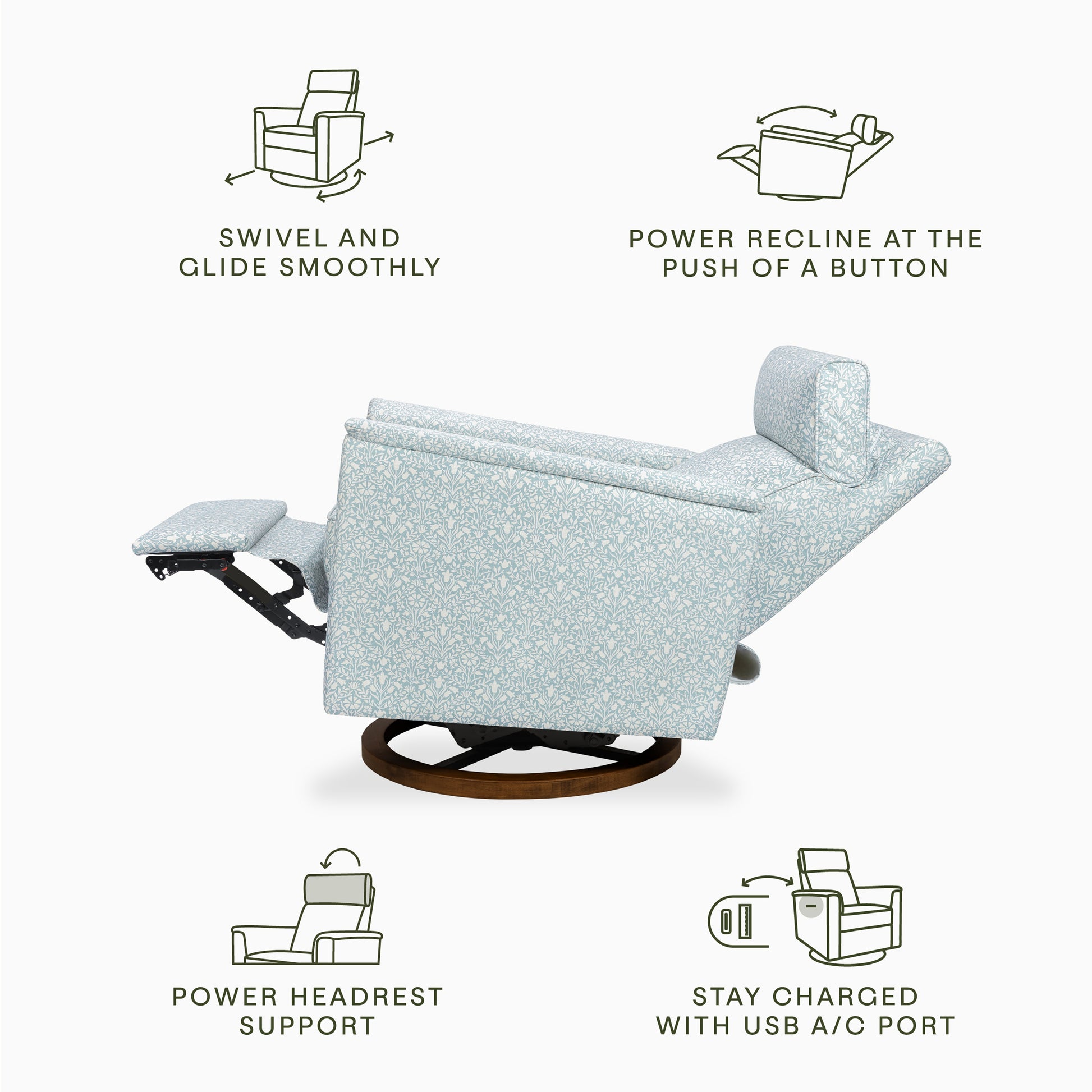 M17186BPBDB,Namesake,Morris & Co. x Namesake Willa Plus Power Recliner in Bellflowers in Powdered Blue w/ Dark Wood Base