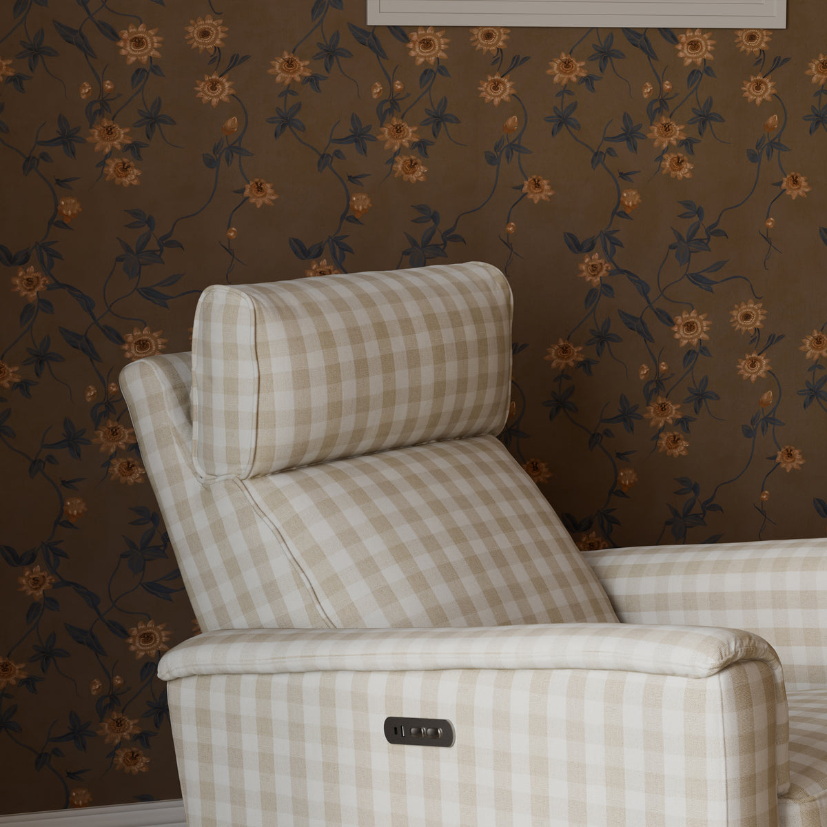 M17186TGH,Namesake,Willa Plus Power Glider Recliner w/ Power Headrest in Tan Gingham
