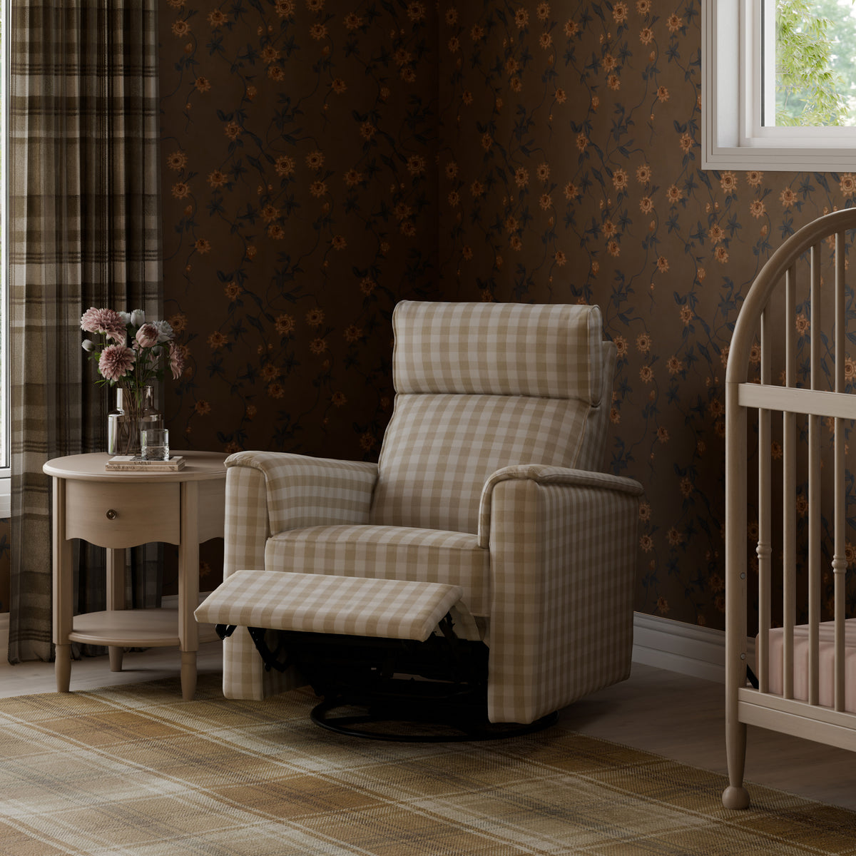 M17186TGH,Namesake,Willa Plus Power Glider Recliner w/ Power Headrest in Tan Gingham