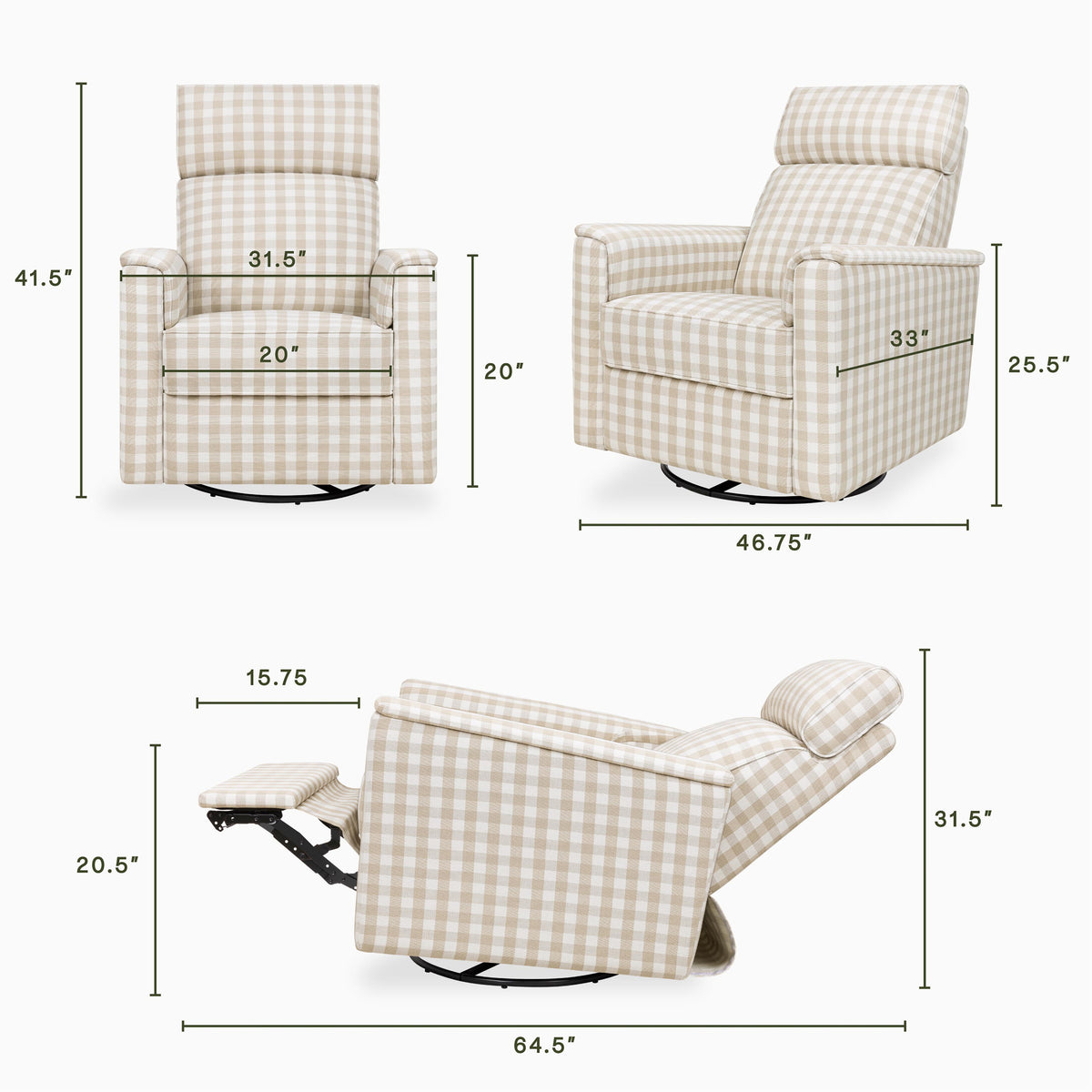 M17186TGH,Namesake,Willa Plus Power Glider Recliner w/ Power Headrest in Tan Gingham