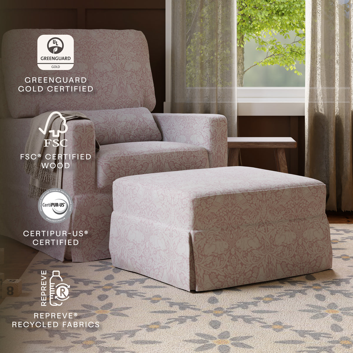 M21785PBRR,Namesake,Morris & Co. x Namesake Crawford Gliding Ottoman in Pure Brer Rabbit in Rose