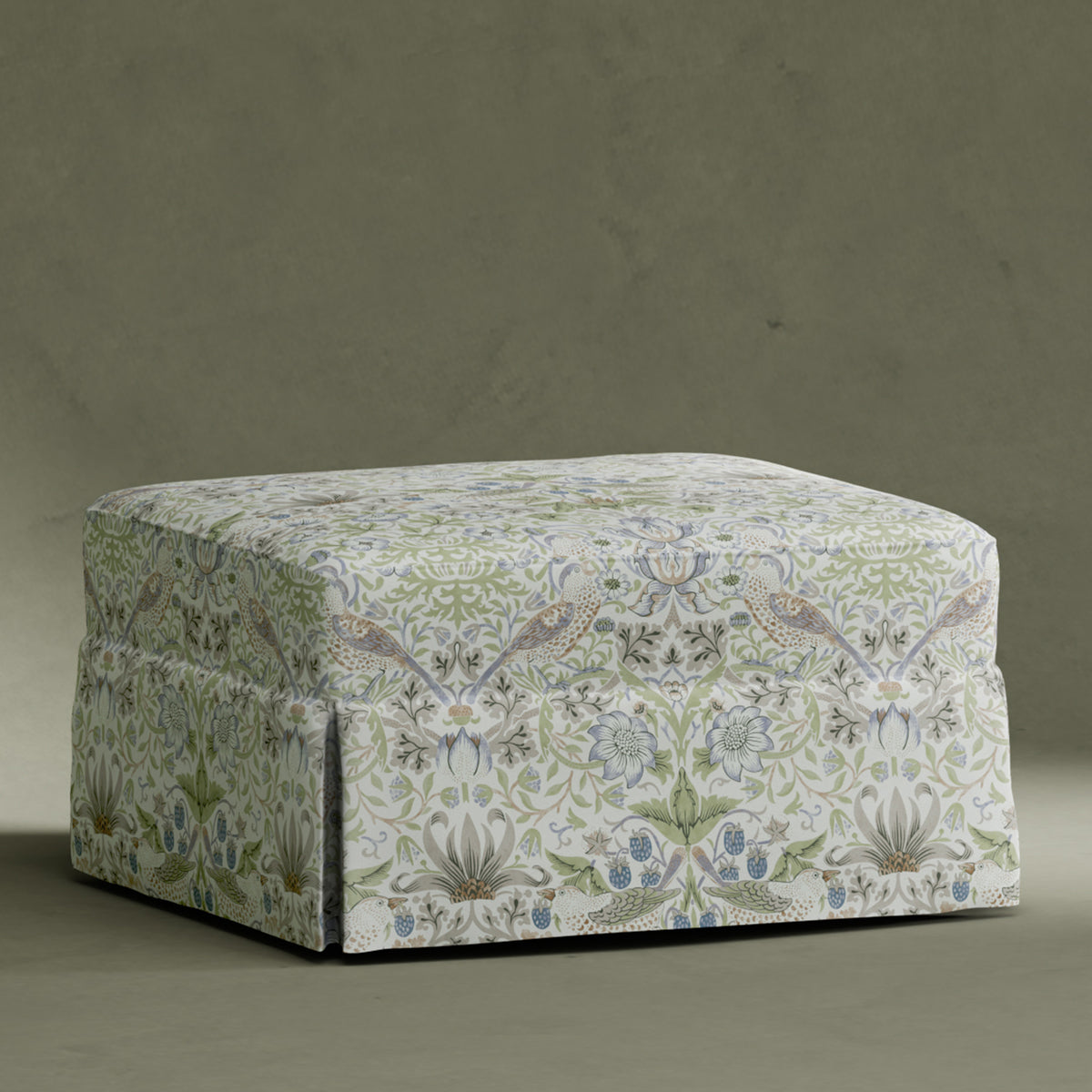 M21785TTFT,Namesake,Morris & Co. x Namesake Crawford Gliding Ottoman in Strawberry Thief in Fig & Thyme