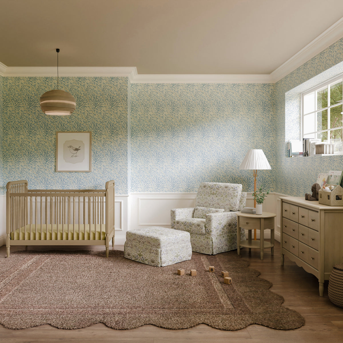 M21785TTFT,Namesake,Morris & Co. x Namesake Crawford Gliding Ottoman in Strawberry Thief in Fig & Thyme