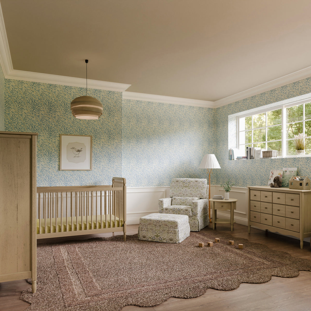 M21785TTFT,Namesake,Morris & Co. x Namesake Crawford Gliding Ottoman in Strawberry Thief in Fig & Thyme