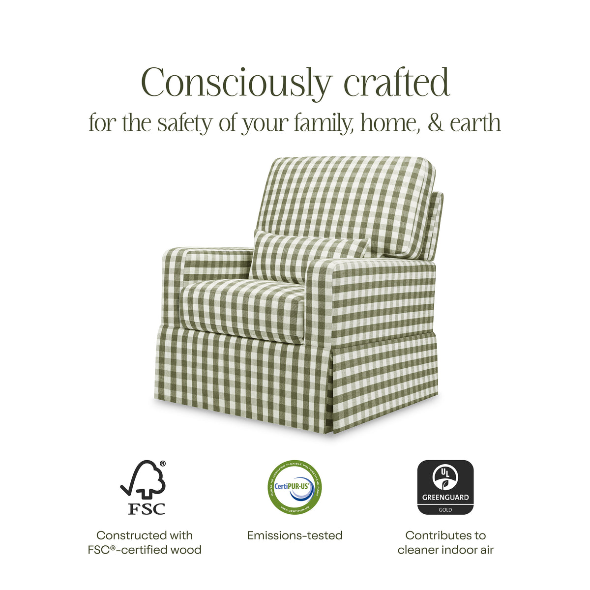 M21787GGH,Namesake,Crawford Pillowback Comfort Swivel Glider in Moss Green Gingham