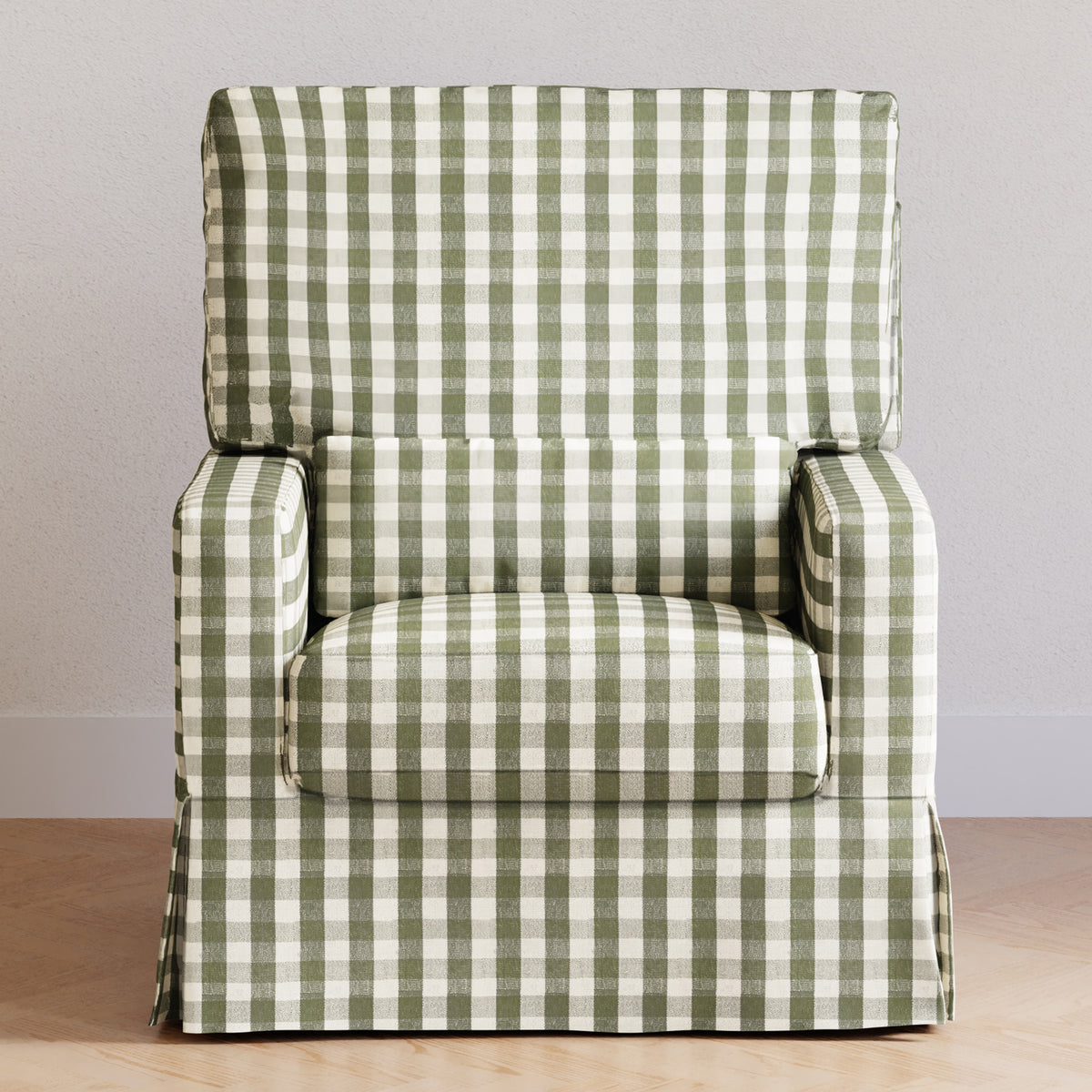 M21787GGH,Namesake,Crawford Pillowback Comfort Swivel Glider in Moss Green Gingham